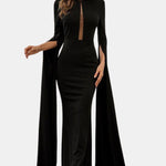 Maegann - Cape Sleeve Cutout Black Mermaid Evening Dress