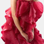 Makayla – Halterneck Ruffle Long Dress in Burgundy