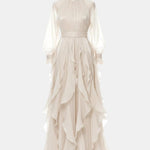 Marjorie – Puff-Sleeve Ruffle-Trim Maxi Dress with Flowing Layers