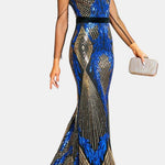 Mavis – Stand Collar Sequin Mermaid Evening Dress in Blue