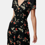Melia – V-Neck Button-Up Floral Mini Dress in Black