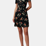 Melia – V-Neck Button-Up Floral Mini Dress in Black