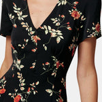 Melia – V-Neck Button-Up Floral Mini Dress in Black