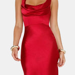 Melina – Satin Maxi Dress with Draped Neckline Elegance