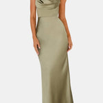 Melina – Satin Maxi Dress with Draped Neckline Elegance