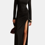 Mellie – Stand Collar Ruched Slit Jersey Long Dress