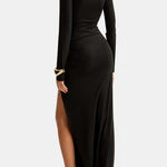 Mellie – Stand Collar Ruched Slit Jersey Long Dress