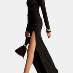 Mellie – Stand Collar Ruched Slit Jersey Long Dress