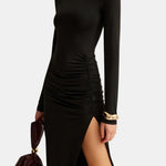 Mellie – Stand Collar Ruched Slit Jersey Long Dress