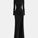 Mellie – Stand Collar Ruched Slit Jersey Long Dress