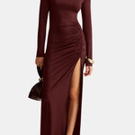 Mellie – Stand Collar Ruched Slit Jersey Long Dress