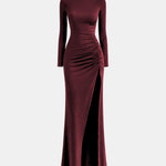 Mellie – Stand Collar Ruched Slit Jersey Long Dress