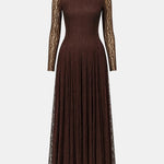 Mylah – Sheer Lace Pleated Long Dress in Brown