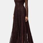 Mylah – Sheer Lace Pleated Long Dress in Brown
