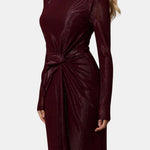 Nyomi – Twist-Knot Maxi Dress with Sculpted Drape in Burgundy
