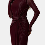 Nyomi – Twist-Knot Maxi Dress with Sculpted Drape in Burgundy