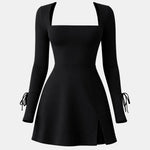 Orlena – Square Neck Split Long Sleeve Bodycon Mini Dress in Black