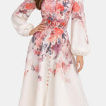 Serenella – Belted Floral Balloon Sleeve Long Dress