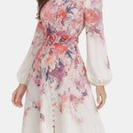 Serenella – Belted Floral Balloon Sleeve Long Dress