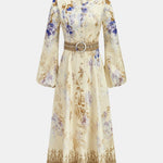 Serenella – Belted Floral Balloon Sleeve Long Dress