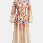 Serenella – Belted Floral Balloon Sleeve Long Dress