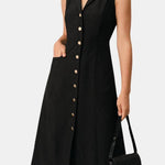 Thaleia – Sleeveless V-Neck Tunic Midi Dress in Black