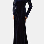 Winnie – Crystal Embellished Velvet Long Dress in Dark Blue