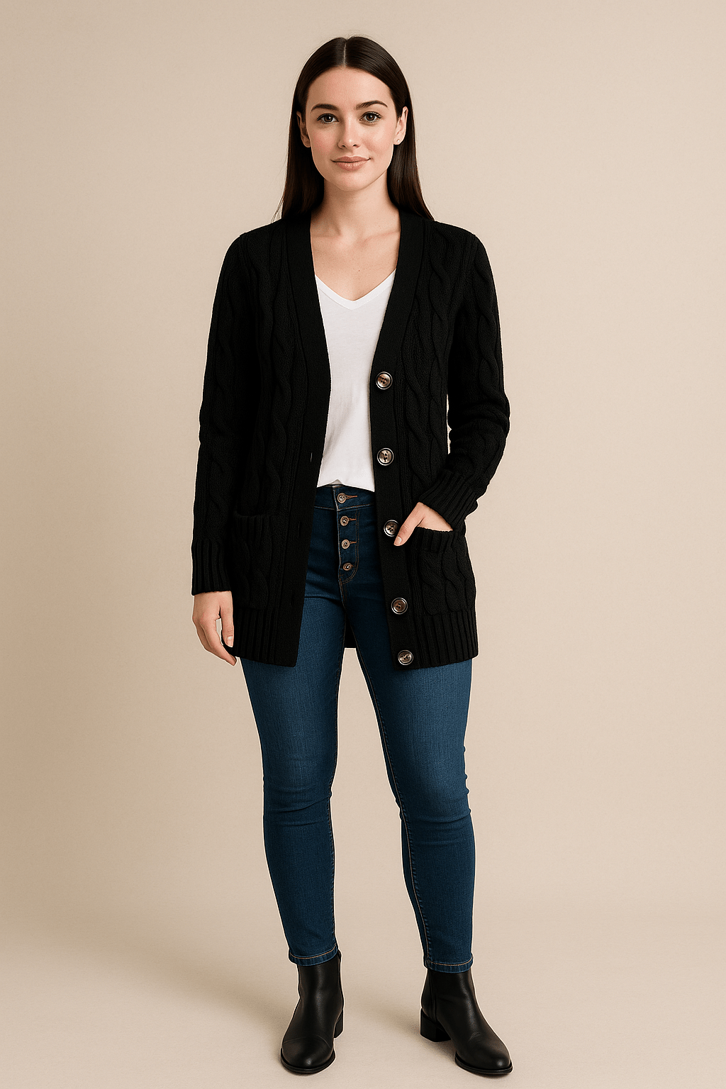 Aino – Women’s Wool Knit Cable Cardigan with Button Front
