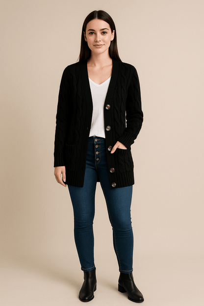 Aino – Women’s Wool Knit Cable Cardigan with Button Front