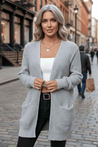 Arlona – Women’s Waffle Knit Open Front Cardigan with Pockets
