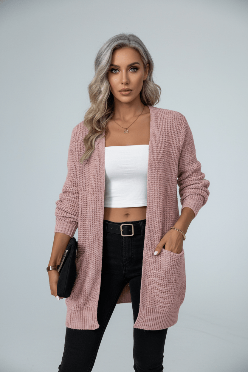 Ashford | Arlona – Women’s Waffle Knit Open Front Cardigan with Pockets - Ashford London Clothing