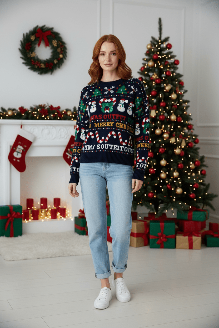 Auri – Women’s Cropped Jacquard Knit Sweatshirt with Holiday Graphic