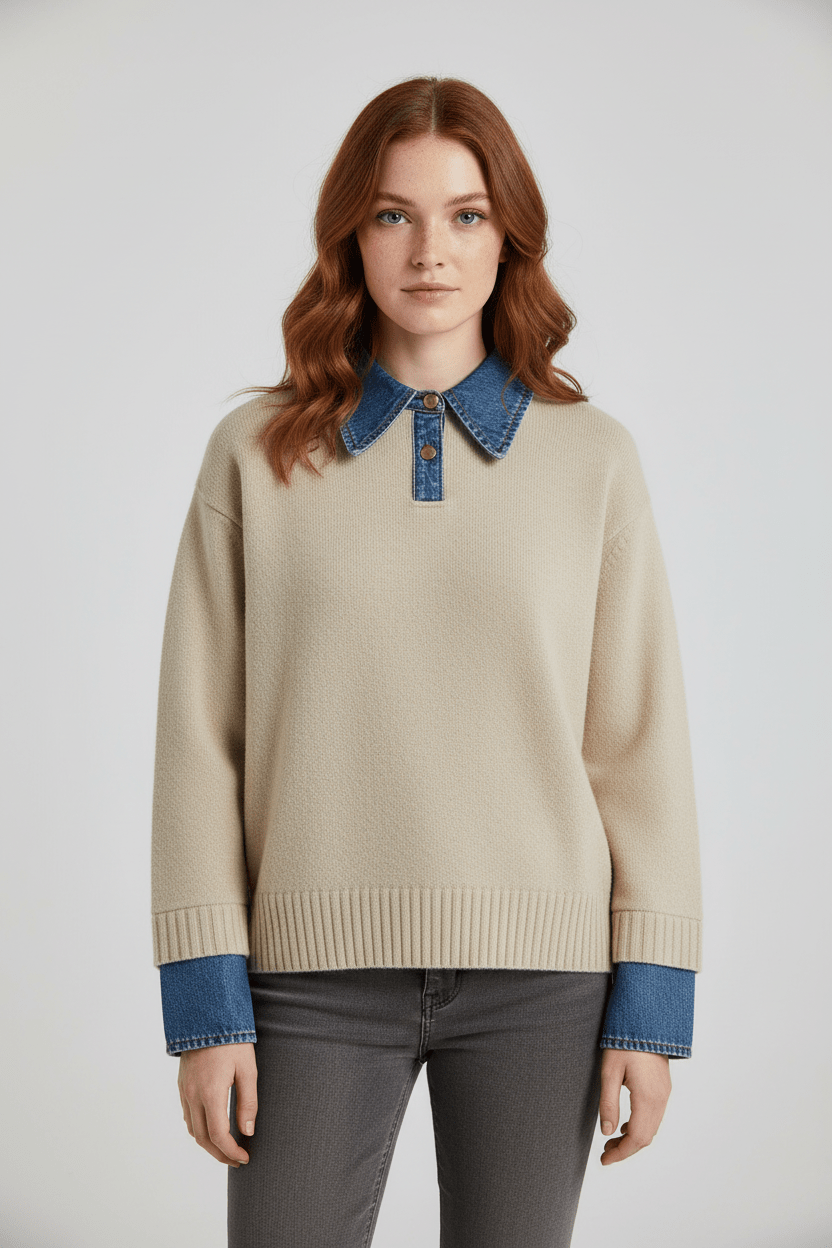 Ashford | Aylen – Women’s Relaxed Fit Knit Sweater with Denim Collar and Cuffs - Ashford London Clothing