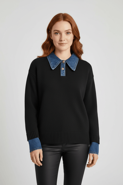 Ashford | Aylen – Women’s Relaxed Fit Knit Sweater with Denim Collar and Cuffs - Ashford London Clothing