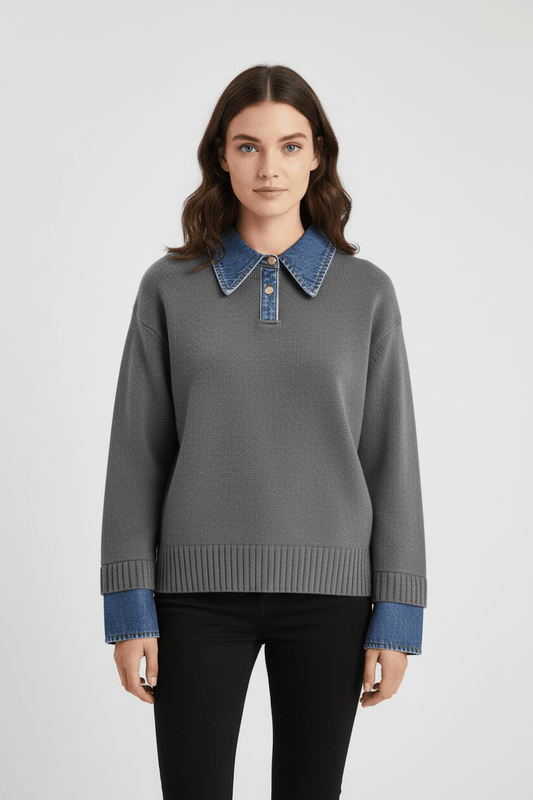 Ashford | Aylen – Women’s Relaxed Fit Knit Sweater with Denim Collar and Cuffs - Ashford London Clothing