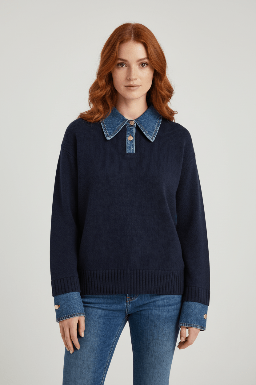 Ashford | Aylen – Women’s Relaxed Fit Knit Sweater with Denim Collar and Cuffs - Ashford London Clothing