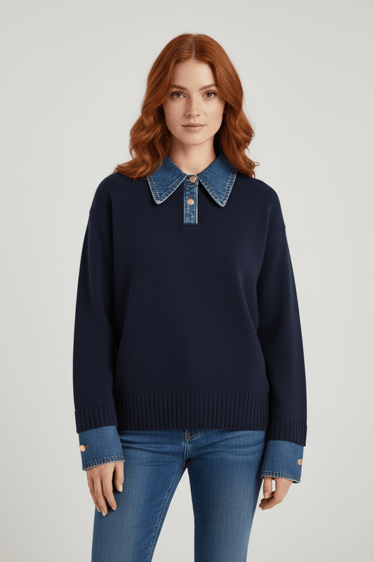 Ashford | Aylen – Women’s Relaxed Fit Knit Sweater with Denim Collar and Cuffs - Ashford London Clothing