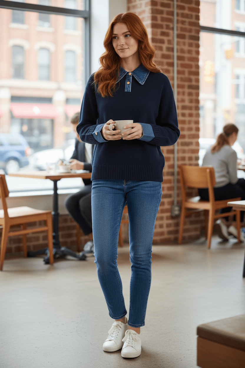 Aylen – Women’s Relaxed Fit Knit Sweater with Denim Collar and Cuffs