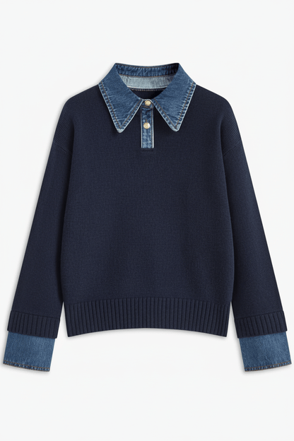 Aylen – Women’s Relaxed Fit Knit Sweater with Denim Collar and Cuffs