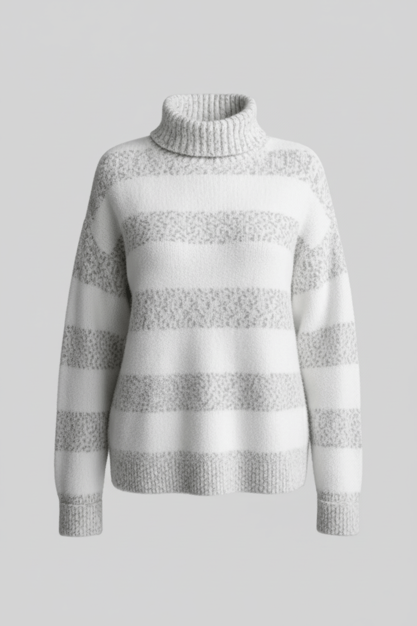 Eira – Women’s Plush Knit Pullover with Ribbed Turtleneck and Striped Texture