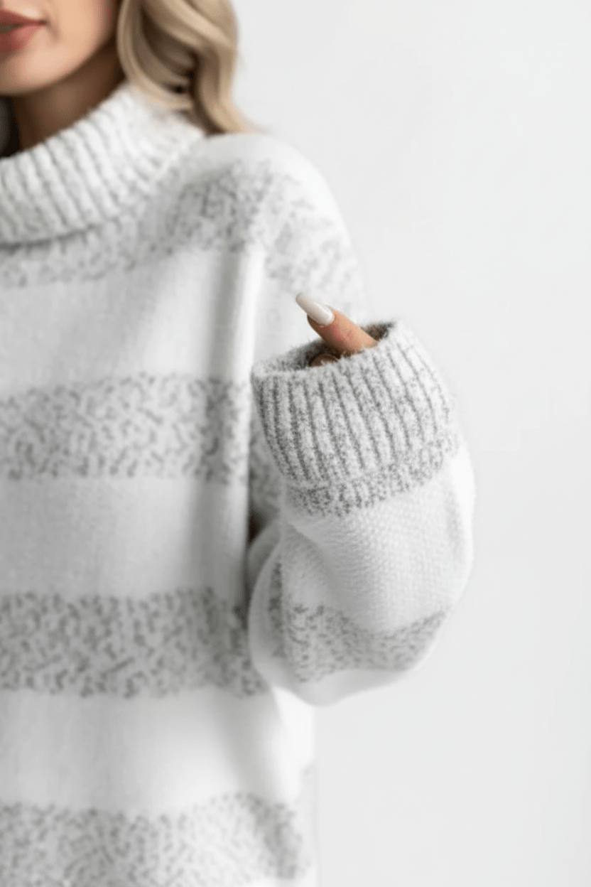 Eira – Women’s Plush Knit Pullover with Ribbed Turtleneck and Striped Texture