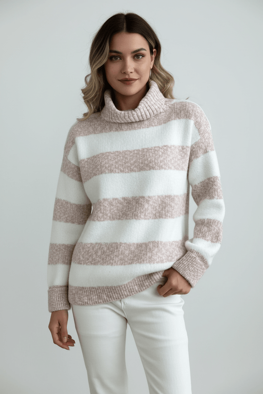 Ashford | Eira – Women’s Plush Knit Pullover with Ribbed Turtleneck and Striped Texture - Ashford London Clothing