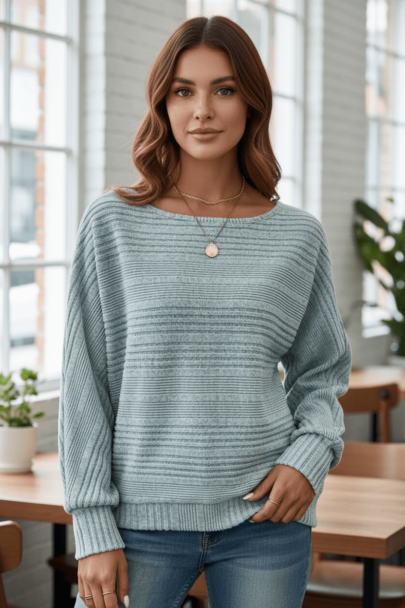 Eira – Women’s Textured Rib Knit Sweatshirt with Dolman Sleeves
