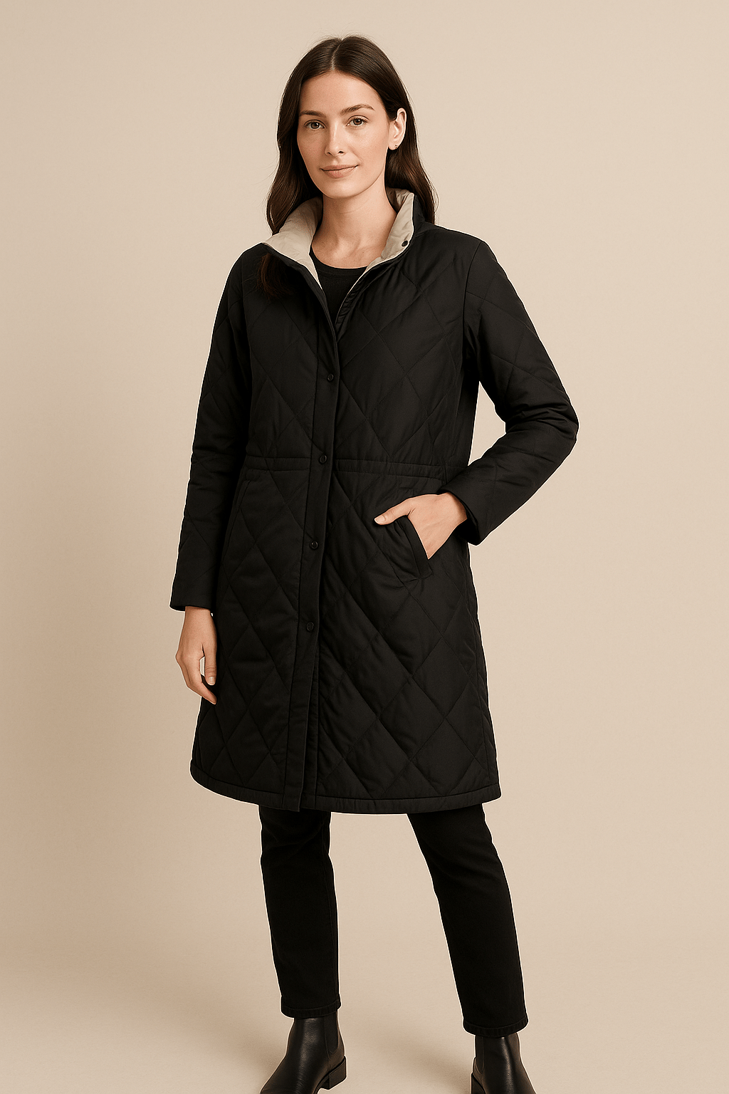 Ashford | Juno – Women’s Mid - Length Quilted Jacket with High Collar and Button Closure - Ashford London Clothing
