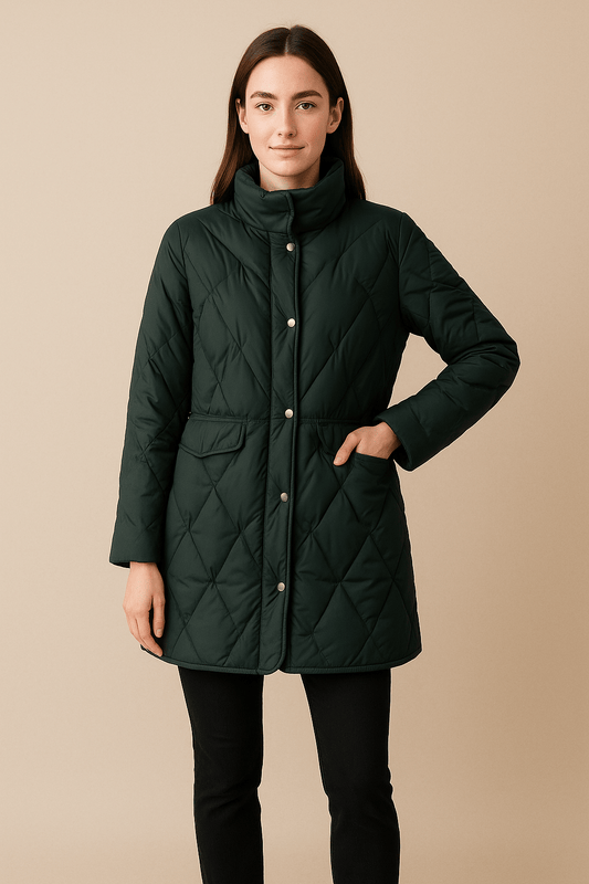 Ashford | Juno – Women’s Mid - Length Quilted Jacket with High Collar and Button Closure - Ashford London Clothing