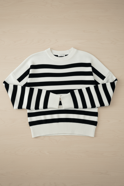 Lani – Women’s Loose Fit Striped Knit Sweatshirt with Ribbed Hem