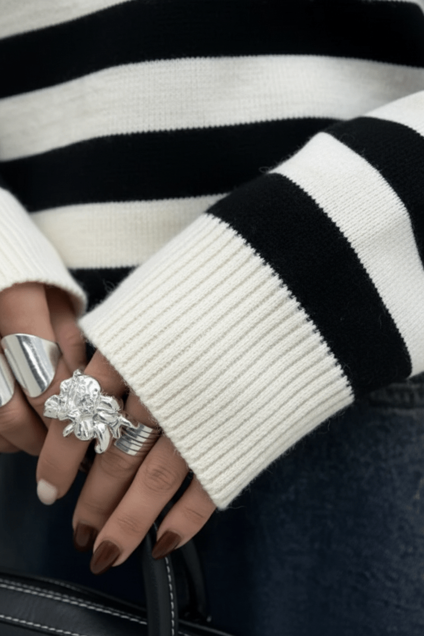 Lani – Women’s Loose Fit Striped Knit Sweatshirt with Ribbed Hem