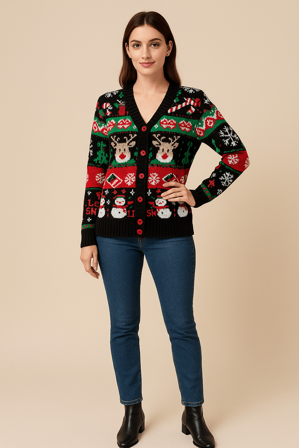 Ashford | Leya – Women’s Festive Knit Cardigan with Holiday Motif and Ribbed Trim - Ashford London Clothing