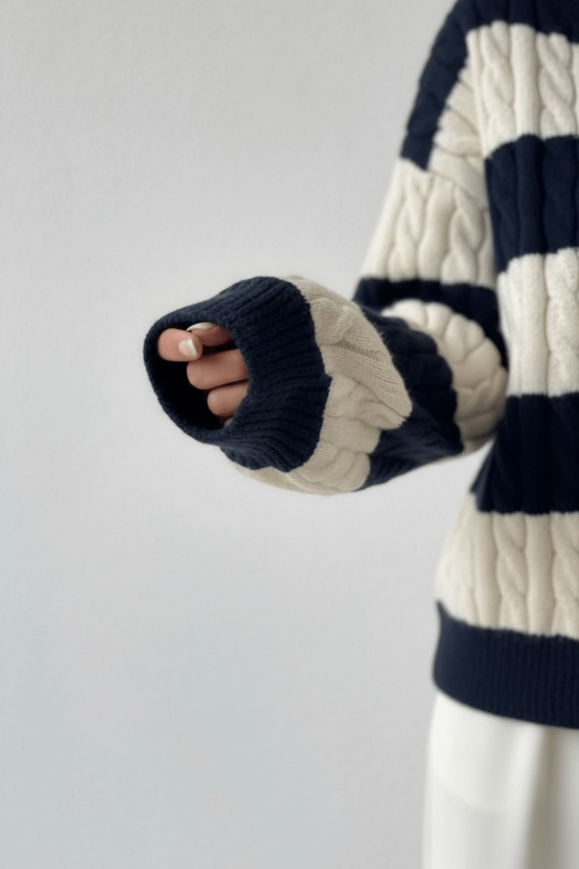 Liora – Women’s Oversized Wool Blend Cable Knit V-Neck Striped Sweater