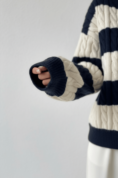 Liora – Women’s Oversized Wool Blend Cable Knit V-Neck Striped Sweater